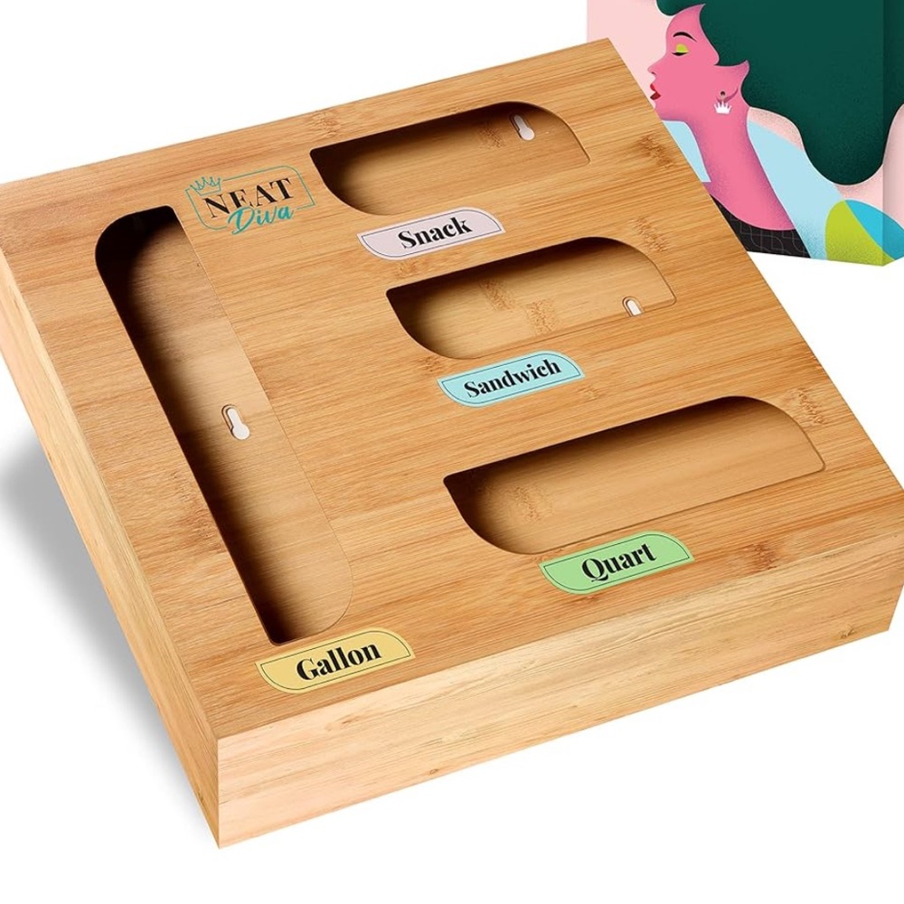 Bamboo Bag Storage Organizer for kitchen drawers, countertop or wall. LIKE NEW